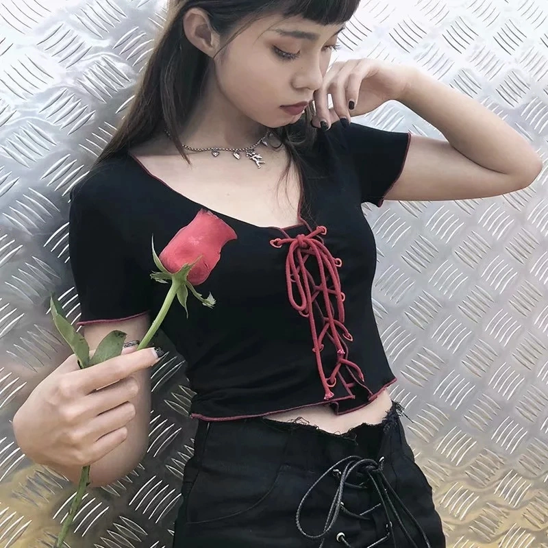 Women's V-neck tie front short-sleeved T-shirt high short