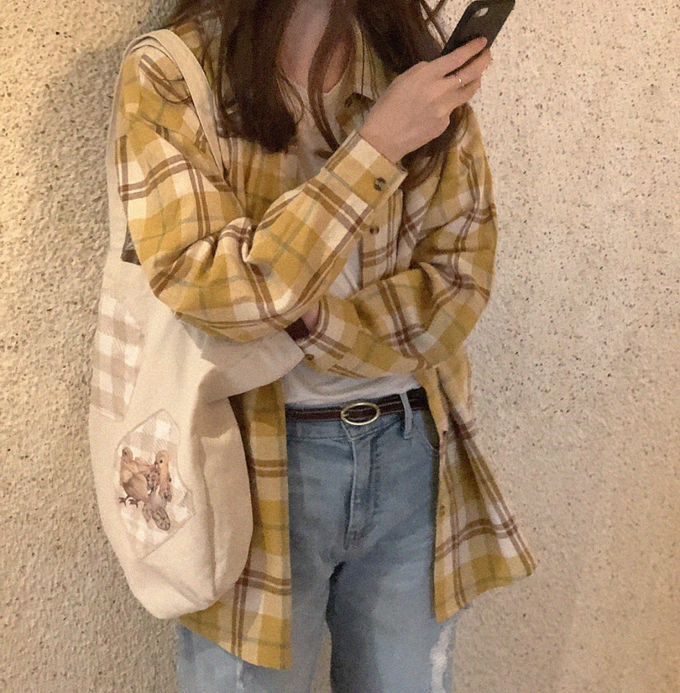 Vintage yellow white loose plaid shirt