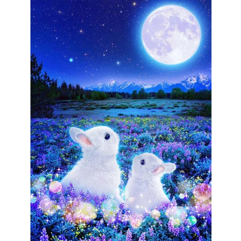 DIY Diamond Painting Cross  Moon Lavender And White Rabbit