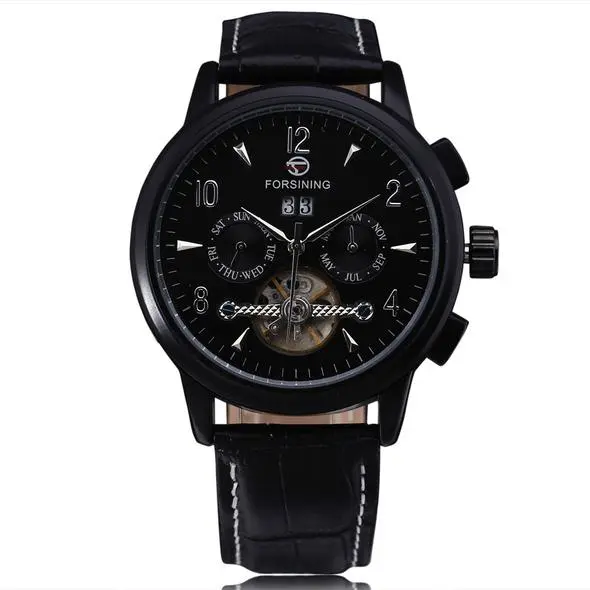 Calendar Hollow Mechanical Belt Watch Casual Three-eye Fashion Scale Mechanical Watch 557