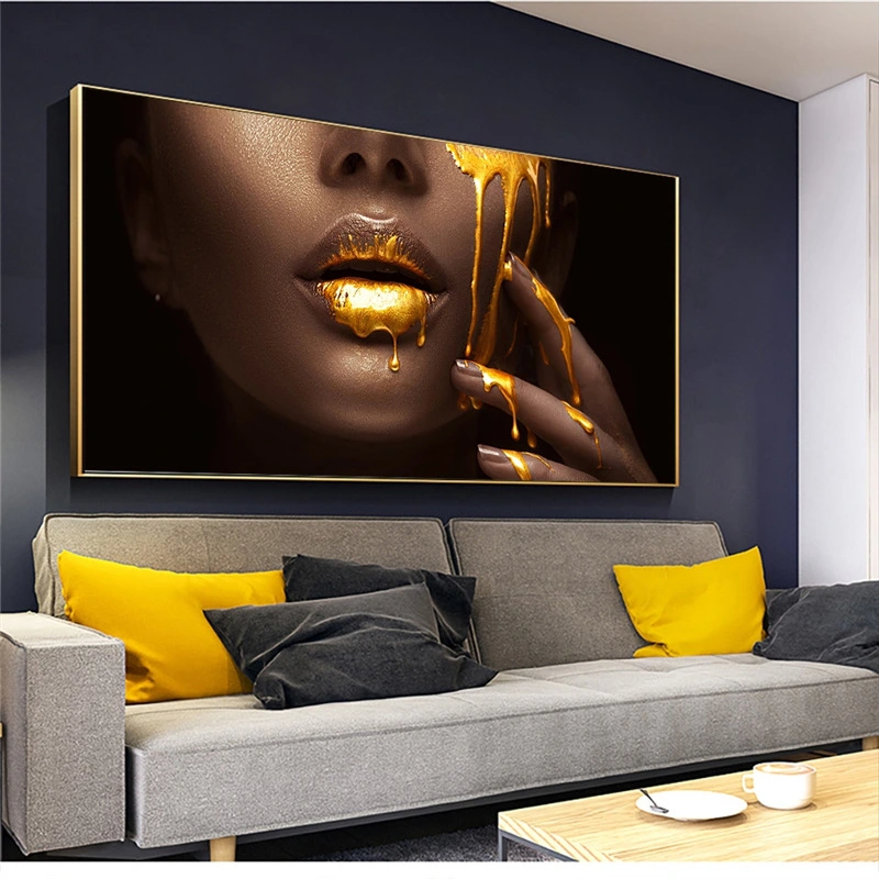 Golden Lips Black Gold Woman HD Print Canvas Painting