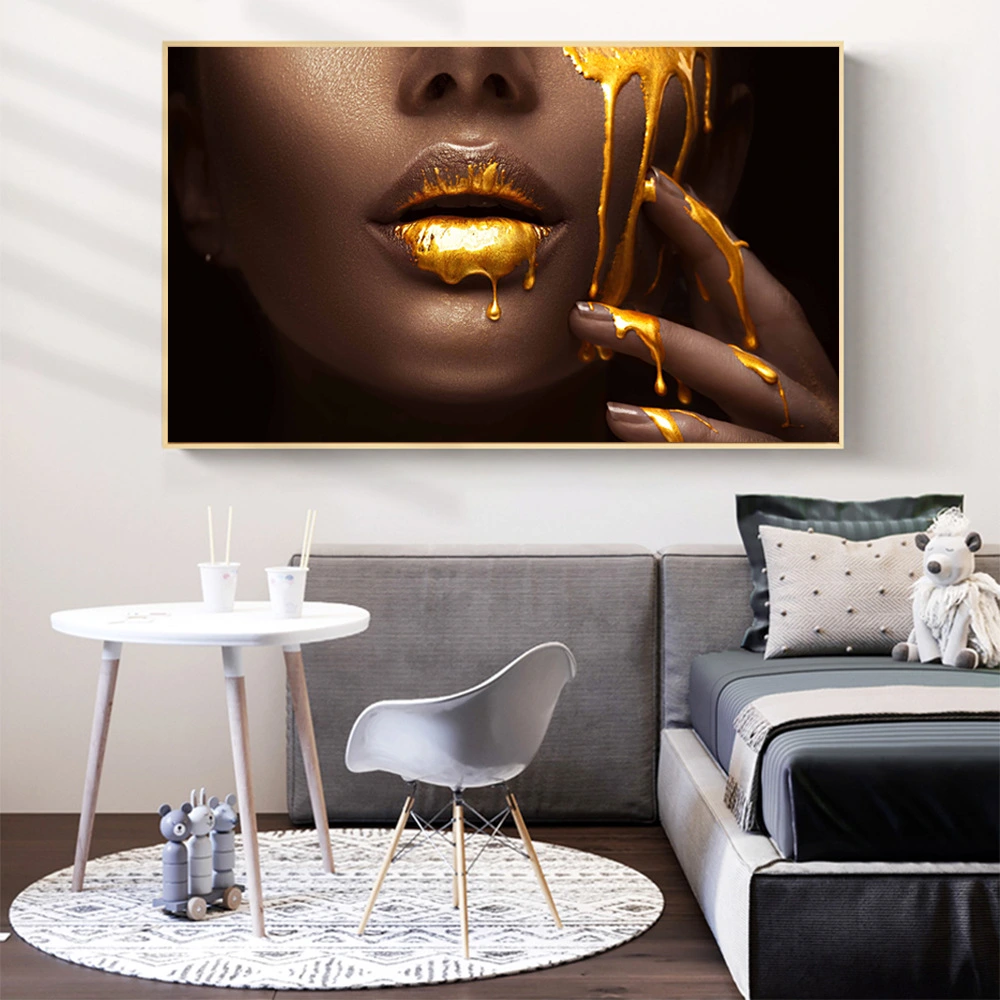 Golden Lips Black Gold Woman HD Print Canvas Painting