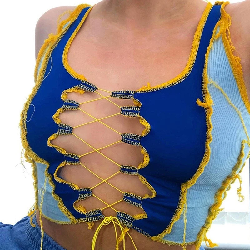 Contrast Stitching Straps Hollow Sexy Slim Vest