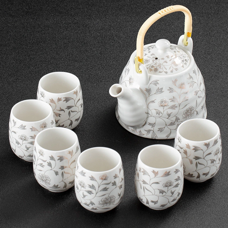 White Porcelain Large Tea Set With Strainer, Japanese Style Handle Pot, One Pot And Six Cups