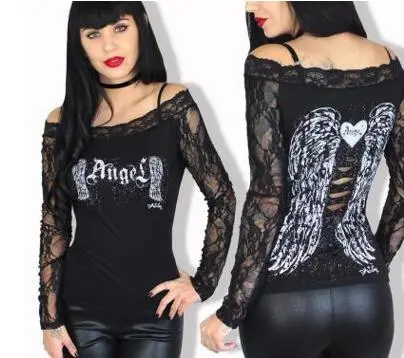 Women T-shirts Sexy Slash Neck Off Shoulder Tee Shirt Long Sleeve Lace Stitching Angel Wings