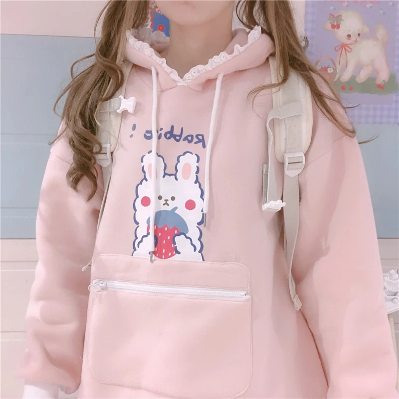 Plush Japanese Cute Student Cartoon Print Hooded Sweater