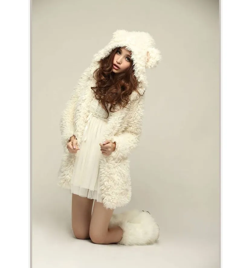 Autumn and winter new European and American large size loose long section bear ears hooded plush coat female