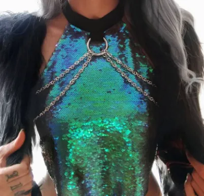 Gradient flashing sexy short paragraph hanging neck type Slim-fit chain sequins apron