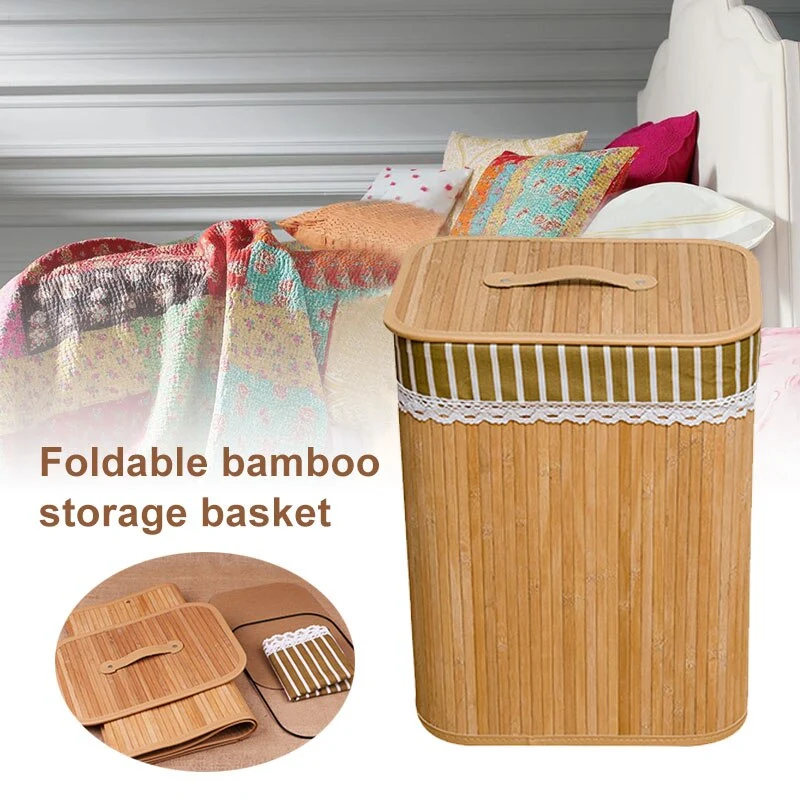 Folding Bamboo Storage Basket Large Storage Laundry Bin Box with Lid and Removable Lace