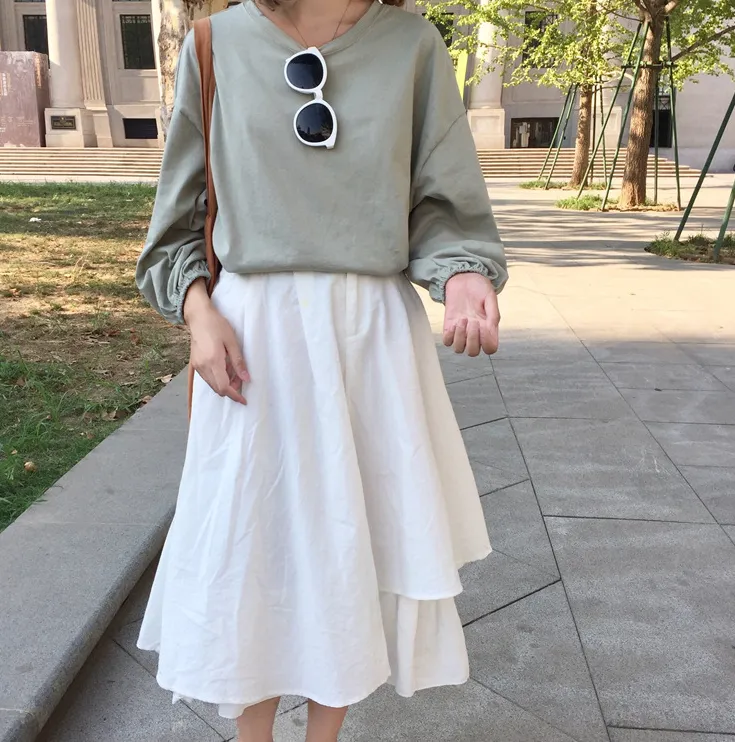Women's Korean version of the solid color loose candy color puff sleeve nine-point sleeve T-shirt students were thin shirt tide