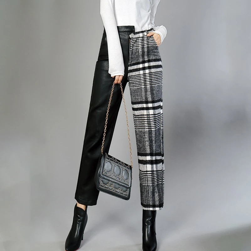 Contrast plaid women's trousers