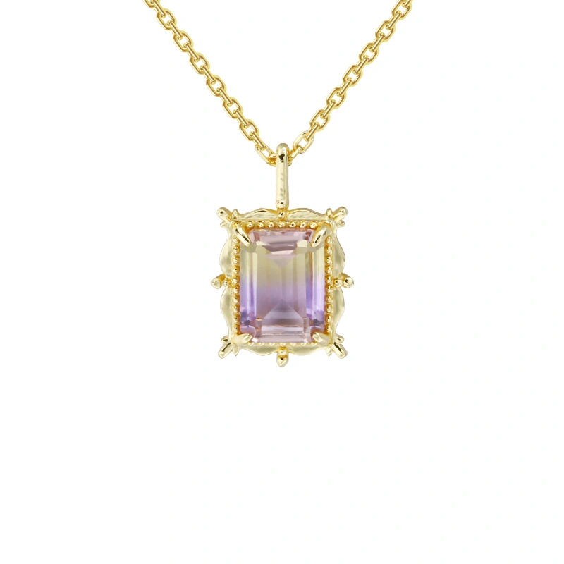 Octagonal Rectangular Amethyst Two-tone Crystal Silver Pendant