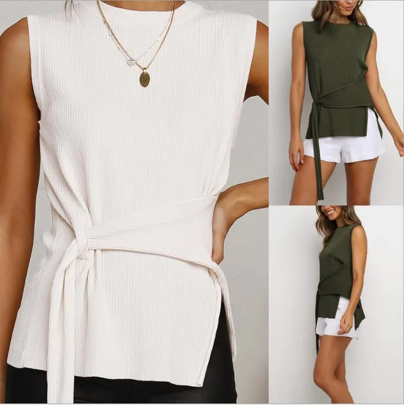 Casual Round Neck Split Sleeveless T-shirt