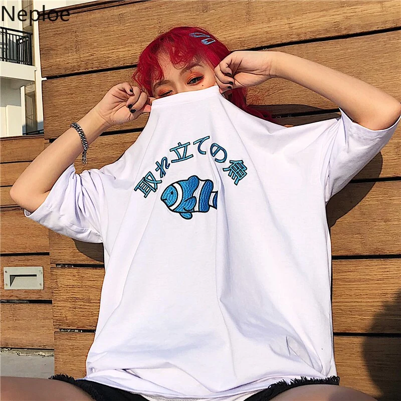 Harajuku BF Street Retro Cartoon Letter Embroidery Loose Student Short Sleeve T-Shirt Men and Women