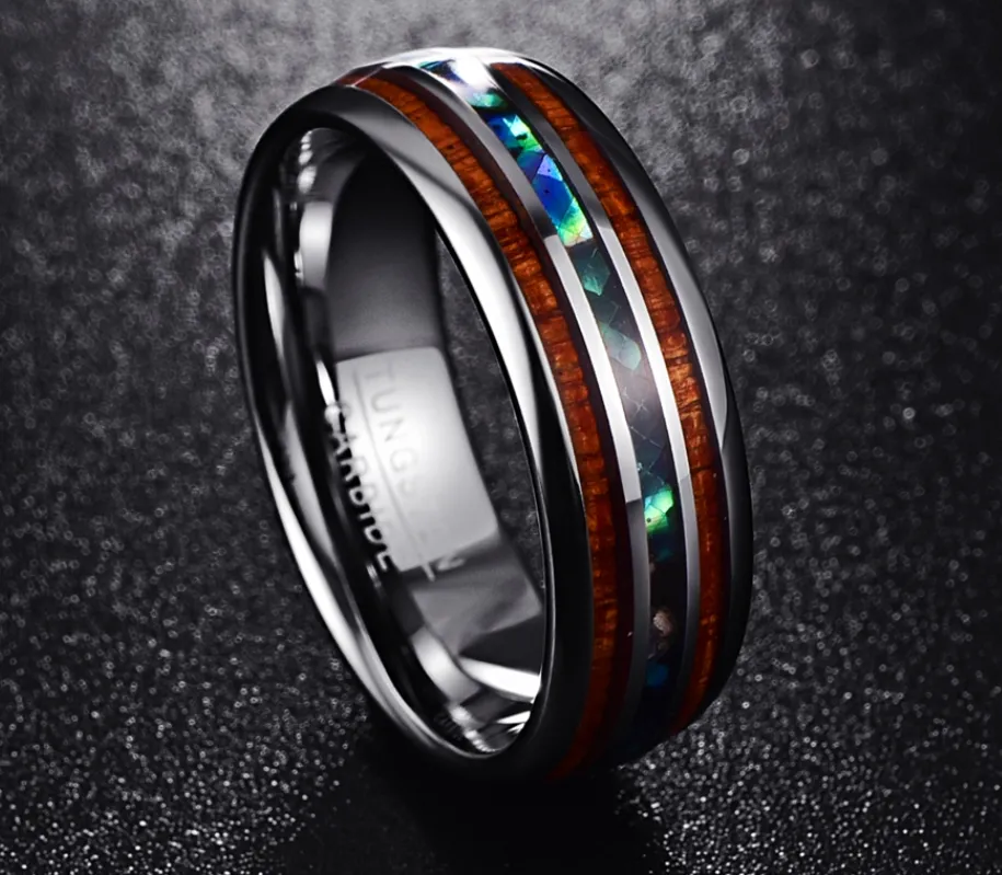 Acacia Wood Abalone Shell Tungsten Steel Ring