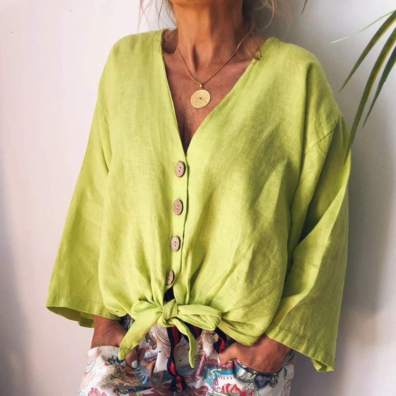 Ladies Long Sleeve Shirt Casual Cotton Linen Sexy V Neck Button Hem Tunic Top