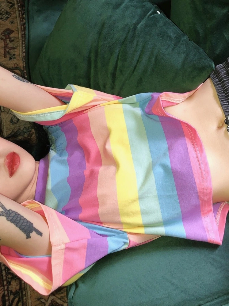 Loose short-sleeved Harajuku style slimming color rainbow exposed navel short casual striped T-shirt