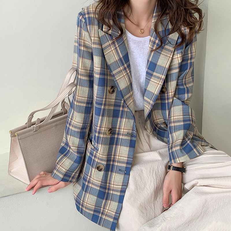 High-End Temperament Net Red Suit 2020 Autumn Fashion Fried Street Small Suit Loose Blue Plaid Jacket