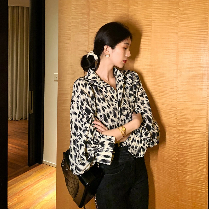 Leopard Print Chiffon Shirt Women Retro Hong Kong Flavor