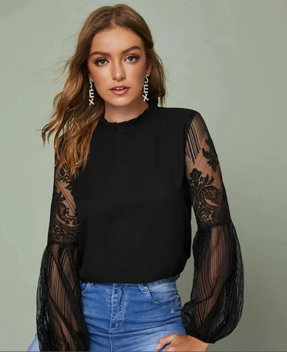 Pleated Collar Sheer Tulle Lace Lantern Sleeve Temperament Blouse
