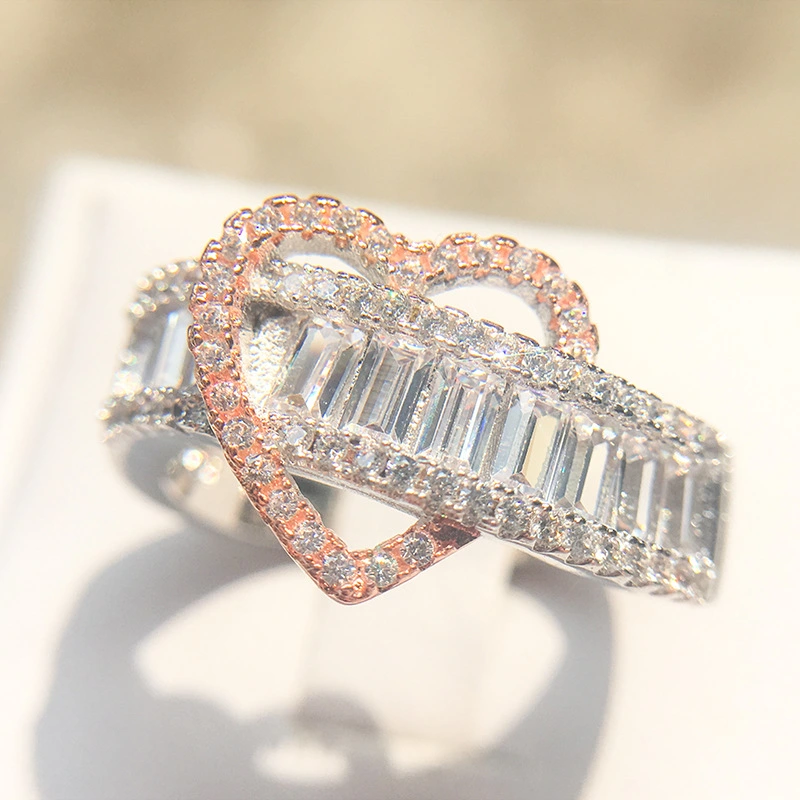 Two-color ring delicate love simulation diamond heart-shaped female ring