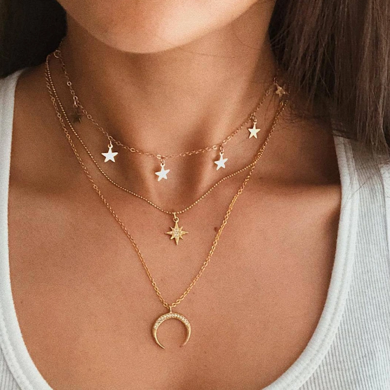 First quarter moon star moon pendant double necklace