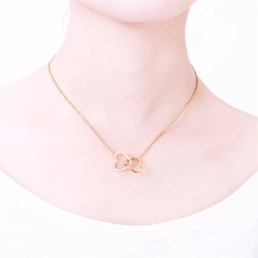 Titanium Steel Colorless Double Heart Pendant Necklace Peach Heart Clavicle Chain