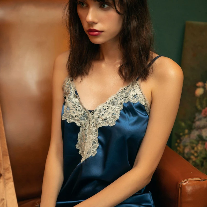 European and American Ladies Comfortable Suspender Nightdress Silk Long Dress