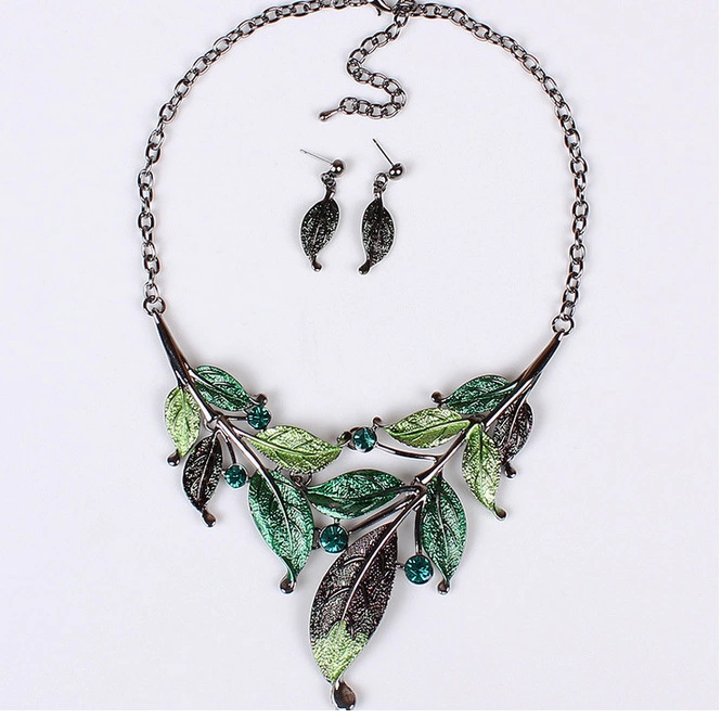 All-Match Leaf Shape Color Dripping Oil Diamond Necklace set  