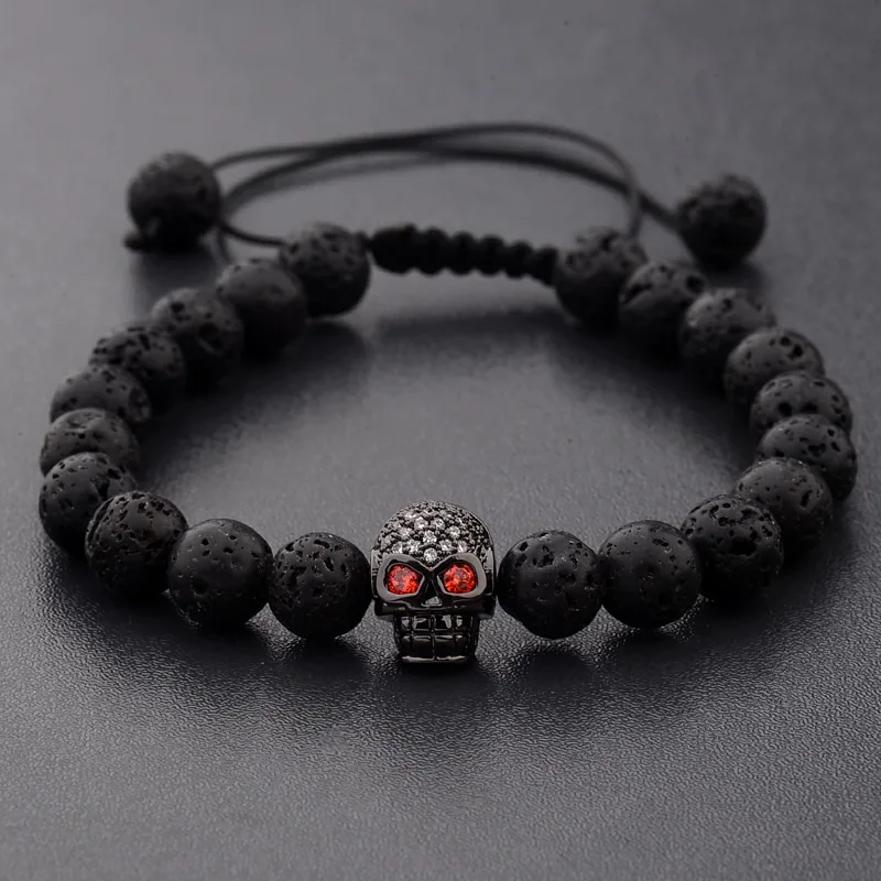 Volcanic Stone Micro Inlaid Diamond Skull Woven Bracelet