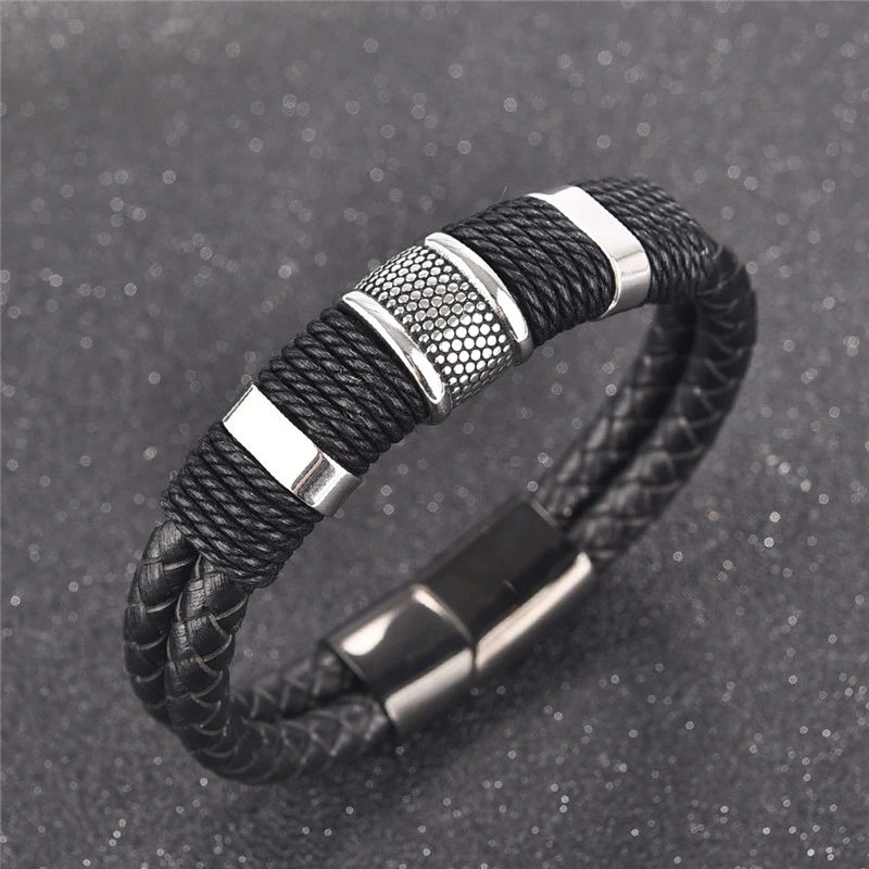 2021 Fashion Black Braid Woven Leather Bracelet Titanium Stainless Steel Bracelet Men Bangle Men Jewelry Vintage Gift