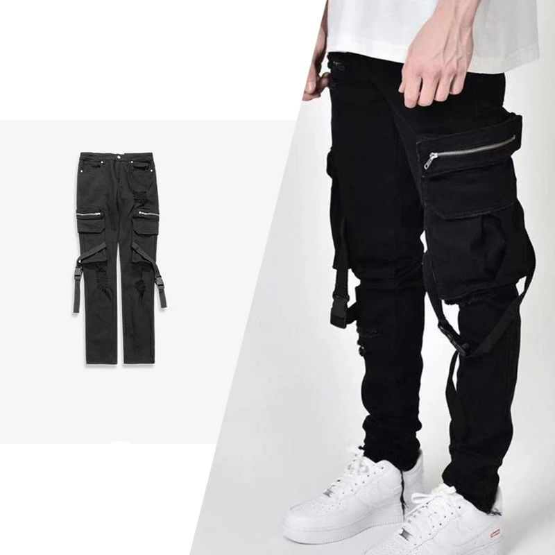 Pocket Buckle Streamer Functional Pants Couple Feet Jeans