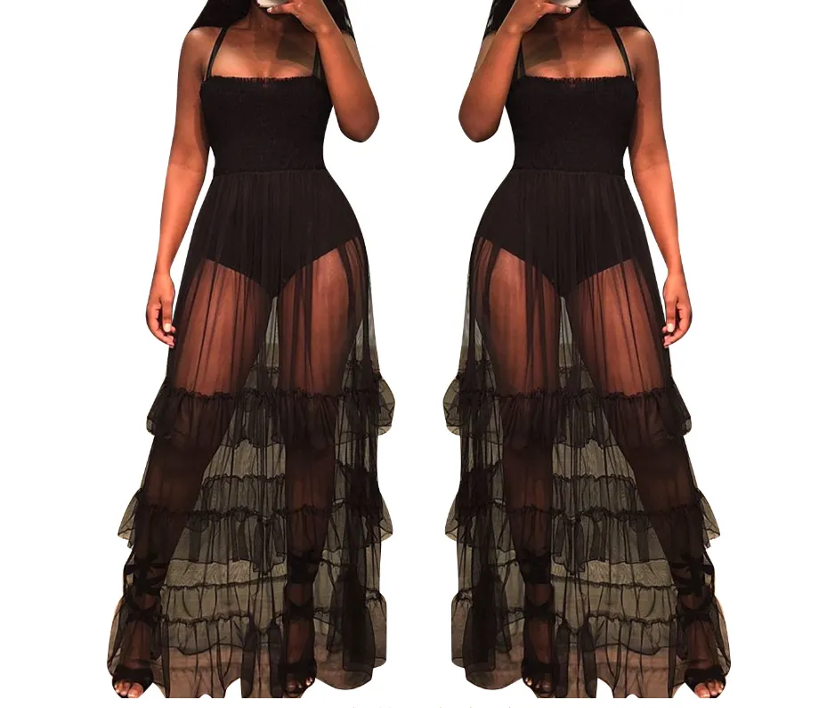 Beauty Women's Mesh Perspective Ruffled Sling Large Sleeveless Sleeve Dress