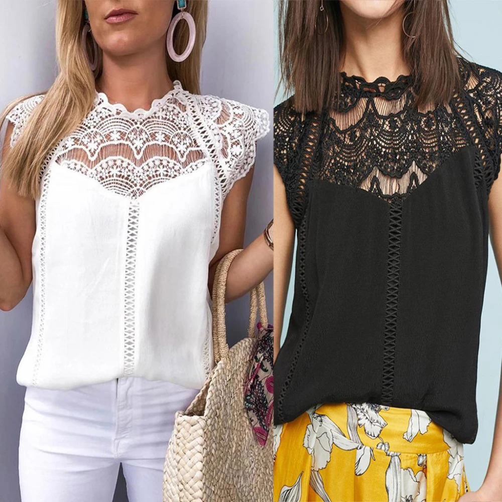 2021 European And American Women's New, Sexy Straight Lace Sleeves Hollow Collar Stitching Chiffon Shirt  Double Layer