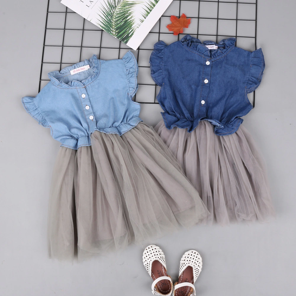 Girls denim stitching mesh princess skirt