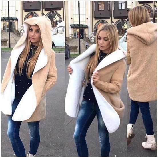 Wool stitching hooded lamb cashmere coat