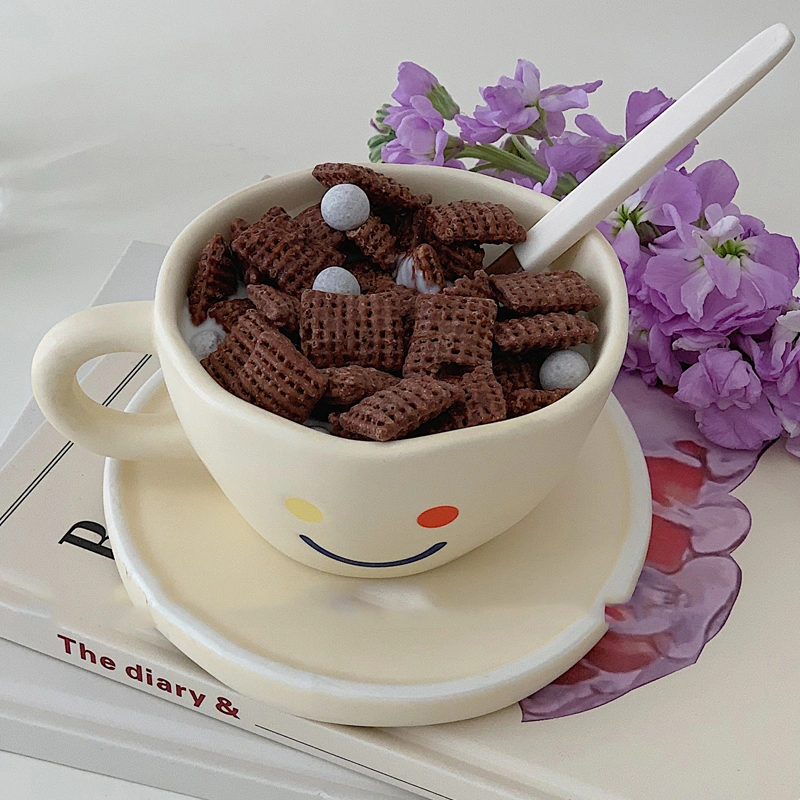 Hand Hold Ceramic Mug With Smiley Face Coffee Cup And Saucer