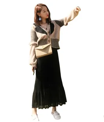 Large size women's 2021 new autumn dress set of fat mm fashion temperament dress knitted sweater two-piece