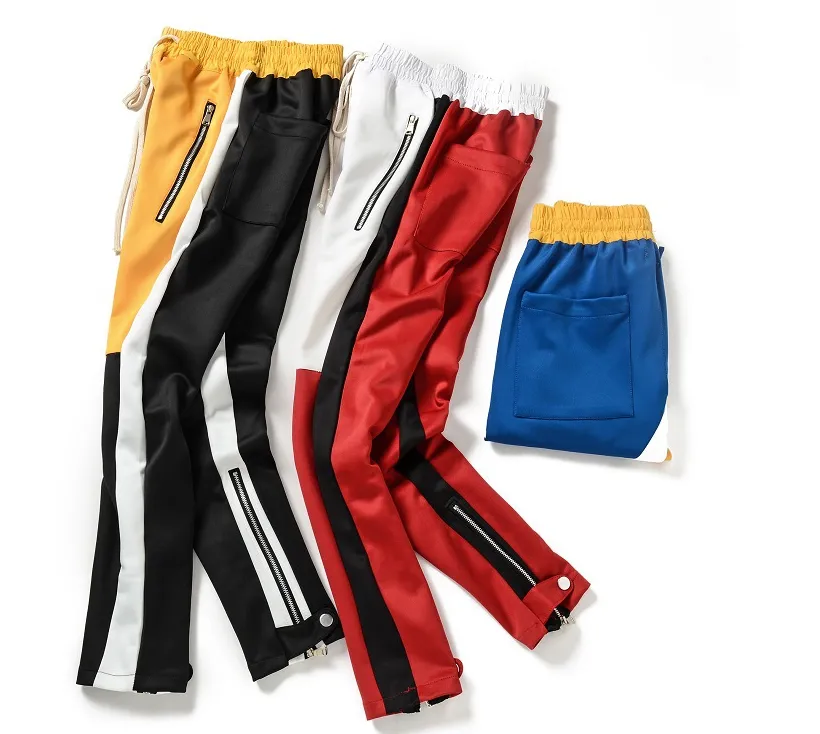 Trousers stitching men's pants male soil summer FOG tide casual pants fight color elastic side zipper feet pants