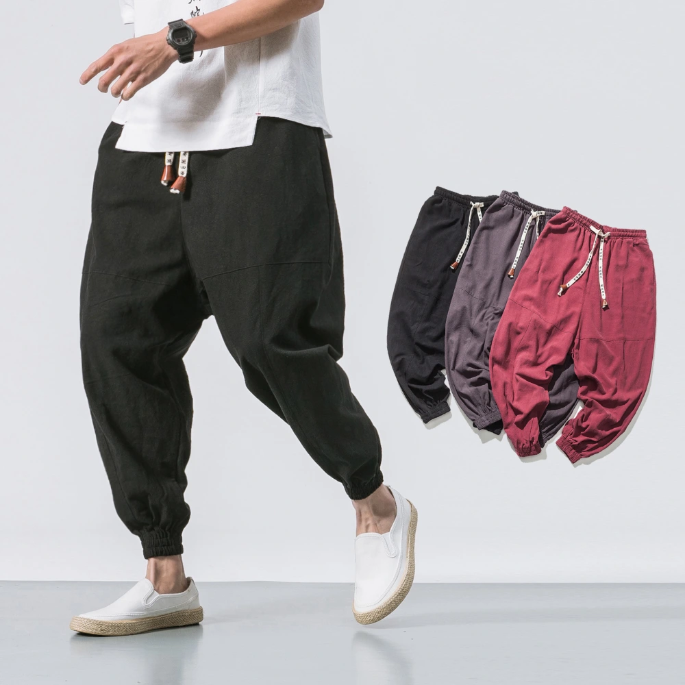 Men's Casual Japanese Loose Solid Color Cotton And Linen Trousers 