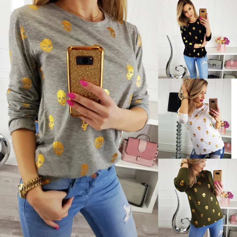 Autumn long-sleeved T-shirt with round collar and skull in Europe and America