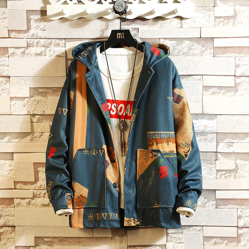 Men's fashion floral hooded jacket jacket youth casual simple jacket