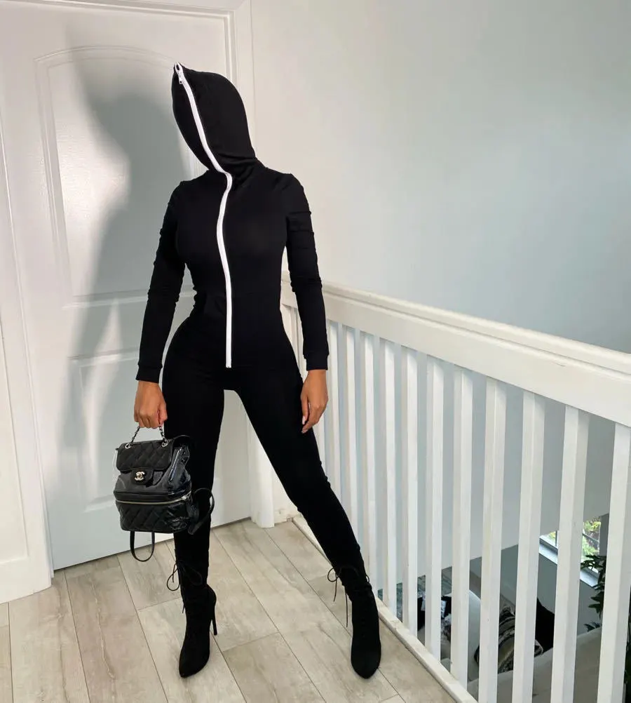 Women's Hooded Solid Color Jumpsuit Sweater