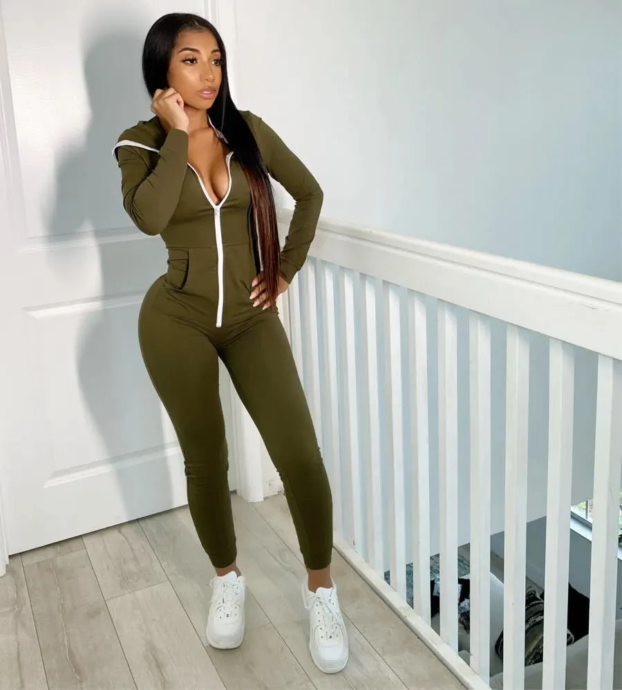 Women's Hooded Solid Color Jumpsuit Sweater
