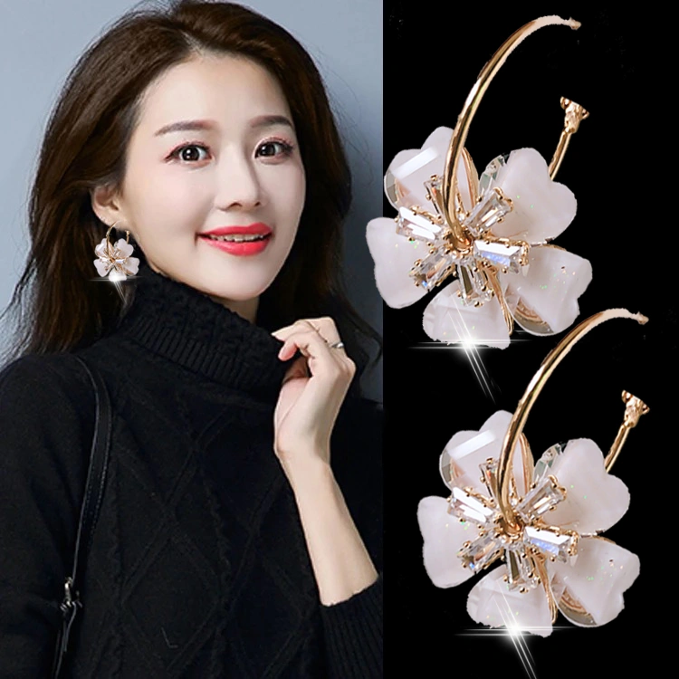 Big Earrings Flower Crystal 925 Silver Needle Earrings