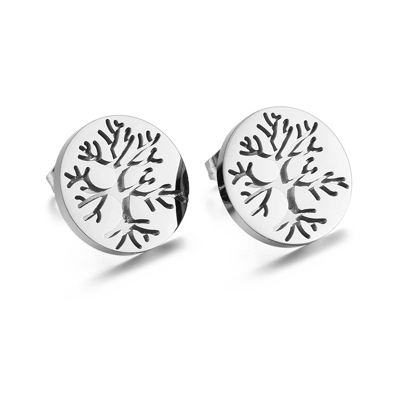 Tree Of Life Tag Titanium Steel Round Double Pendant Earring Set