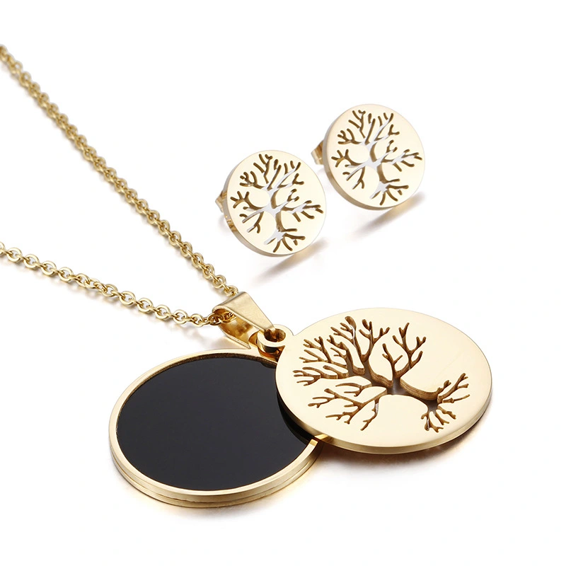 Tree Of Life Tag Titanium Steel Round Double Pendant Earring Set