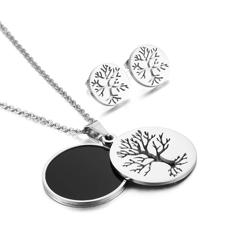 Tree Of Life Tag Titanium Steel Round Double Pendant Earring Set