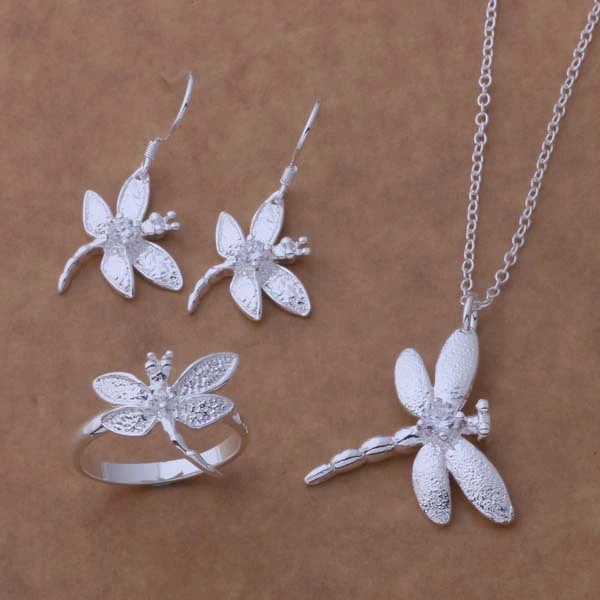 Dragonfly Diamond Earrings Necklace Ring Silver Plated Set