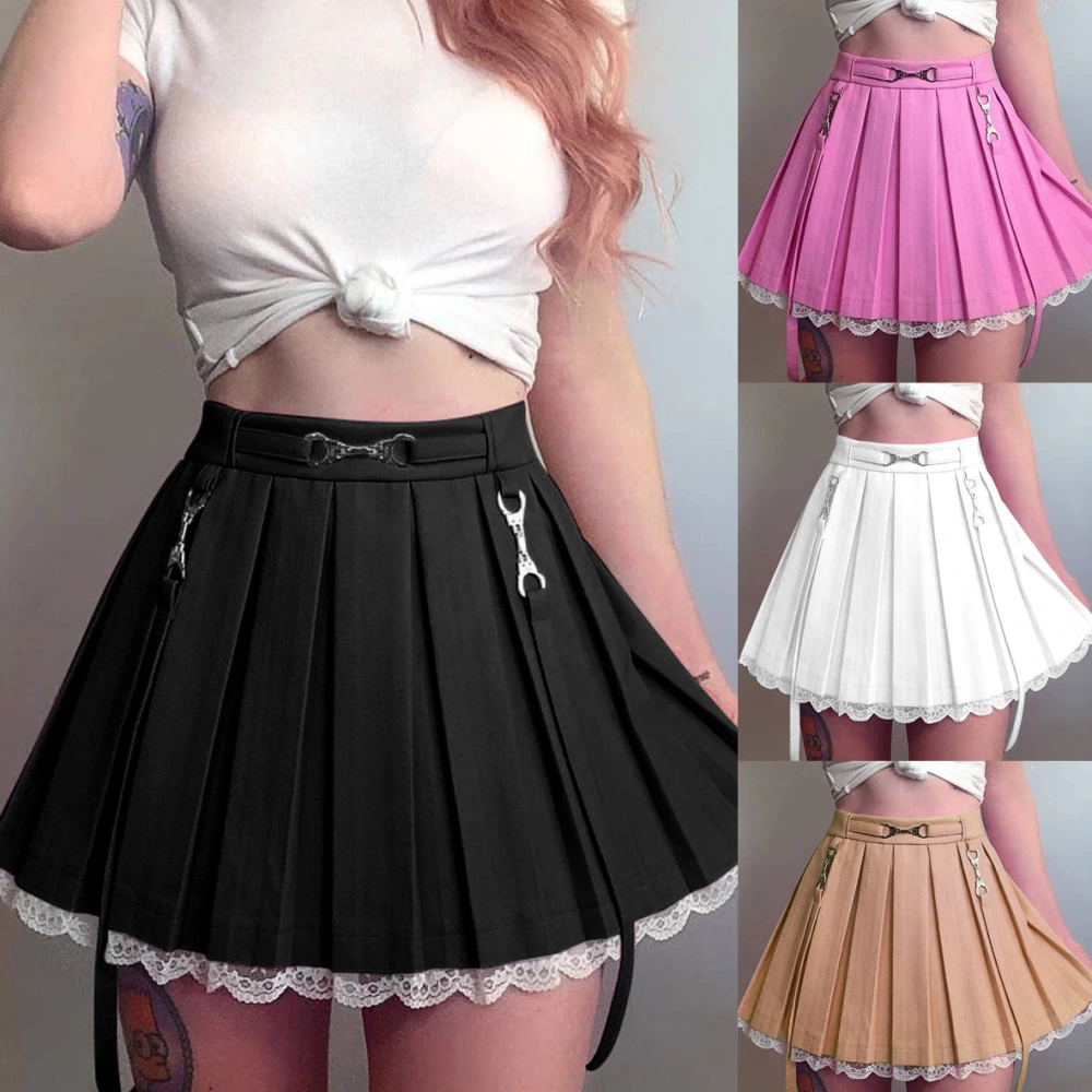 High-waist Lace Stitching Contrast Streamer Pleated Skirt